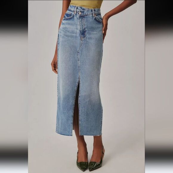 Reformation Nila Long Denim Skirt Medium Wash Size 12 - Picture 1 of 16